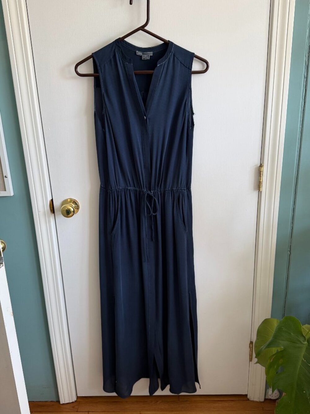Vince 100% Silk Midi Dress Navy Blue Sleeveless Drawstring Waist Small S